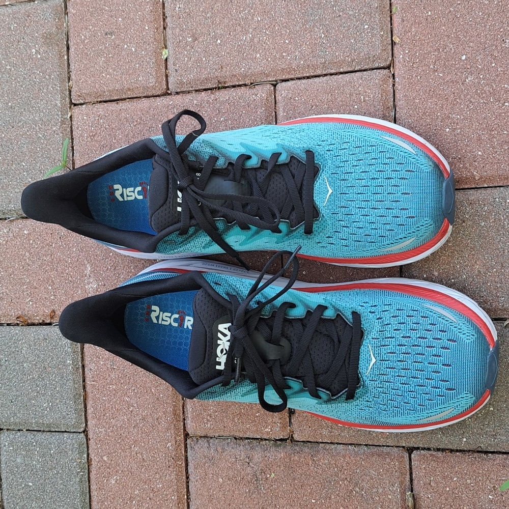 Men's Hoka sneakers, size 11.5D, blue/red/black